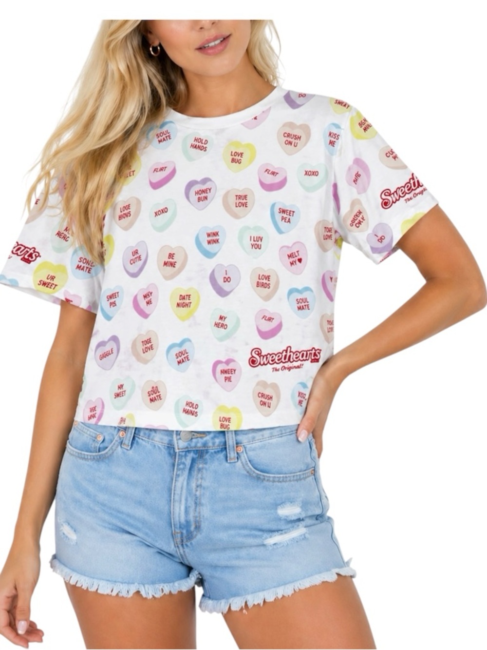 Sweethearts Conversation Hearts Cotton Graphic Cropped Crew Neck Tee Size Medium